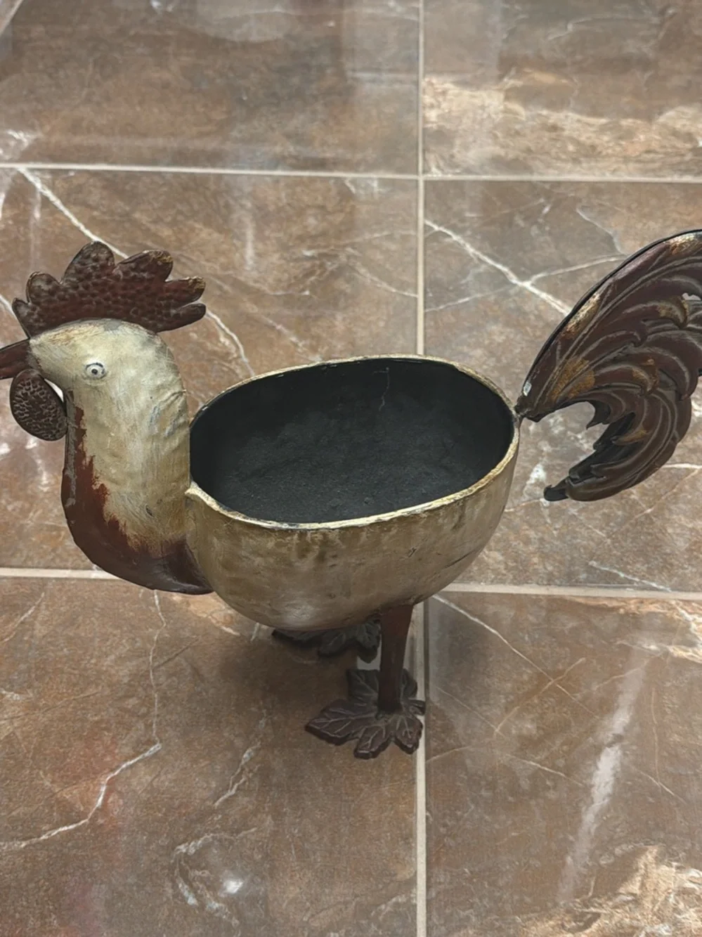 Decorative Rooster Planter - Cream and Brown Metal Home Accent